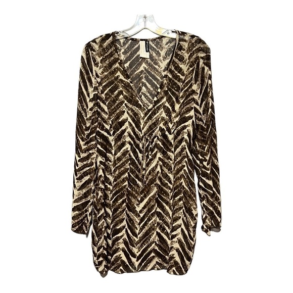 Be Creative Brown Sheer Exotic Print Swimsuit Cover-Up Long Sleeve V-Neck Dress - Picture 1 of 6